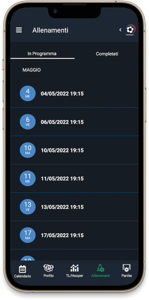Elenco allenamenti giocatore YouCoachApp mobile